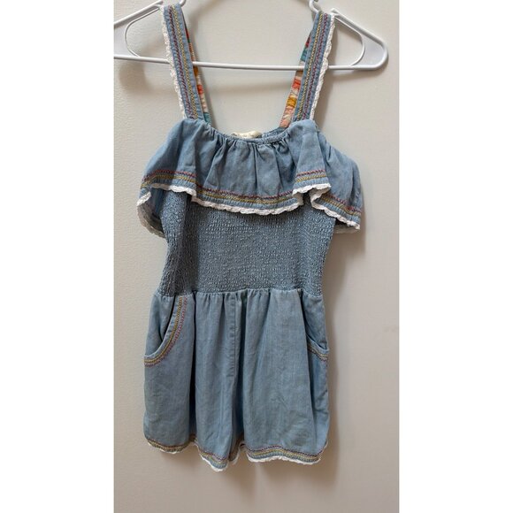 Matilda Jane Picnic in the Park Romper Girls Chambray Blue Ruffled With Pockets - Picture 1 of 6